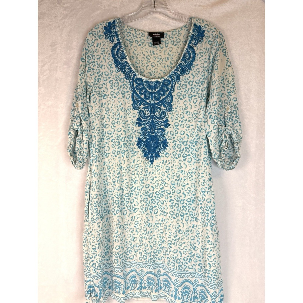 Patio Casuals Boho Tunic Top M Blue White Embroidered Floral Rayon India